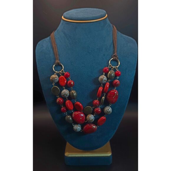 Source Unknown Jewelry - Chunky Red Bead Necklace – Boho Suede Cord Multi-Strand